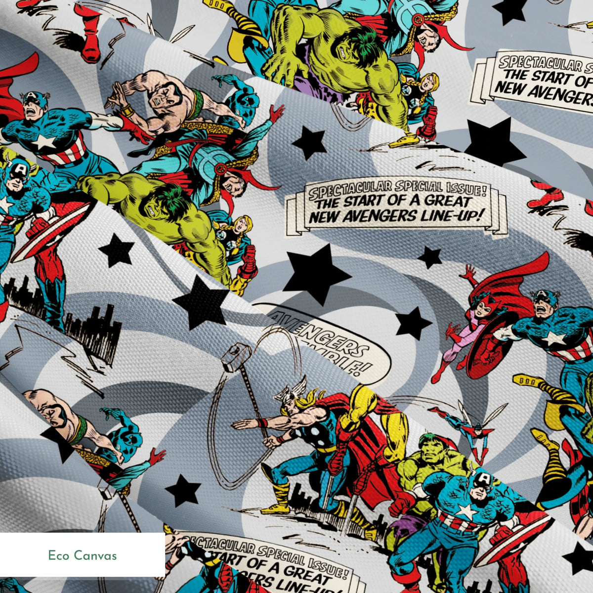 Colorful comic book style pattern with Marvel superheroes on gray background with stars and swirls springs ecocanvas texture