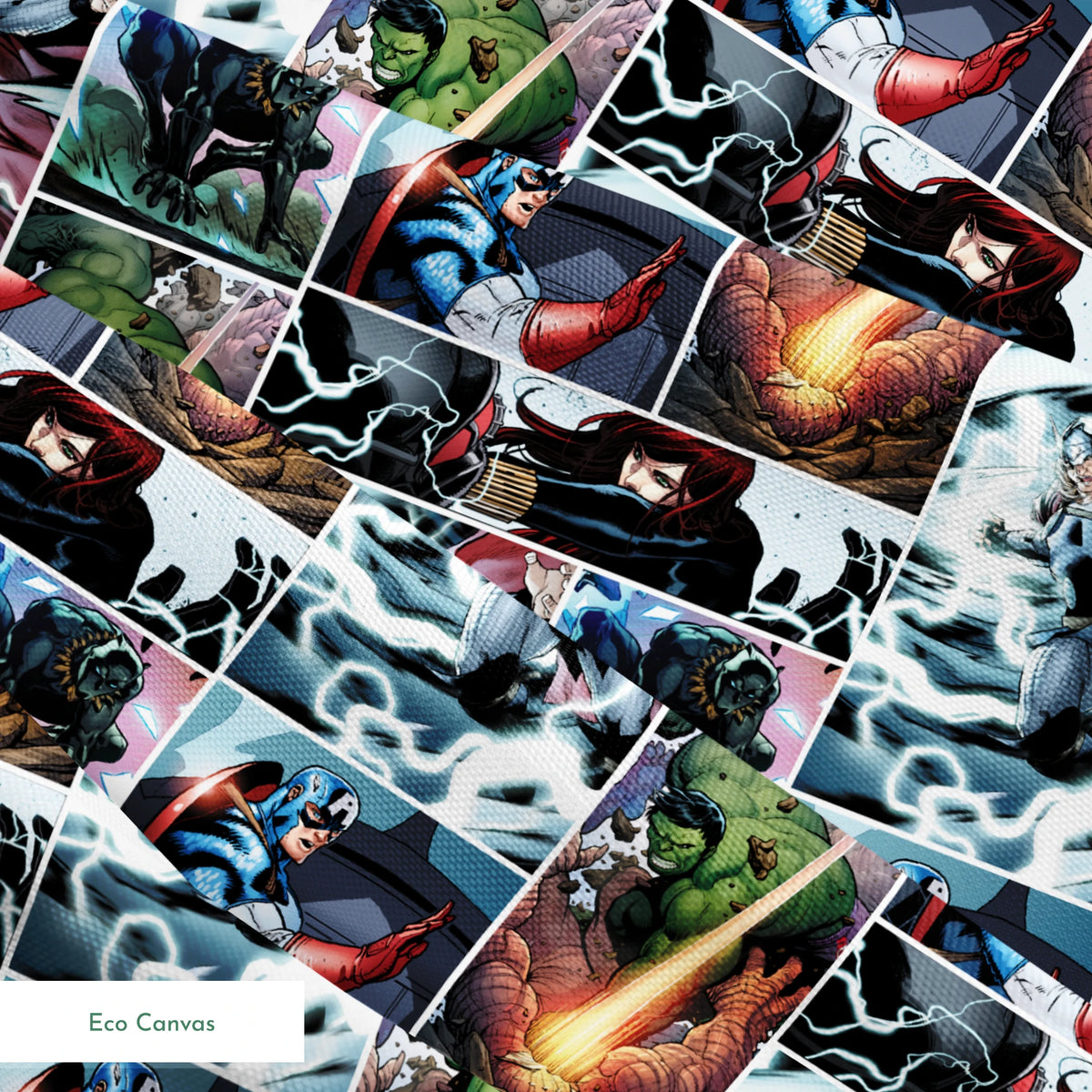 Comic book collage featuring Thor with lightning, Captain America with shield, Hulk, and various Marvel superheroes in action scenes springs ecocanvas texture