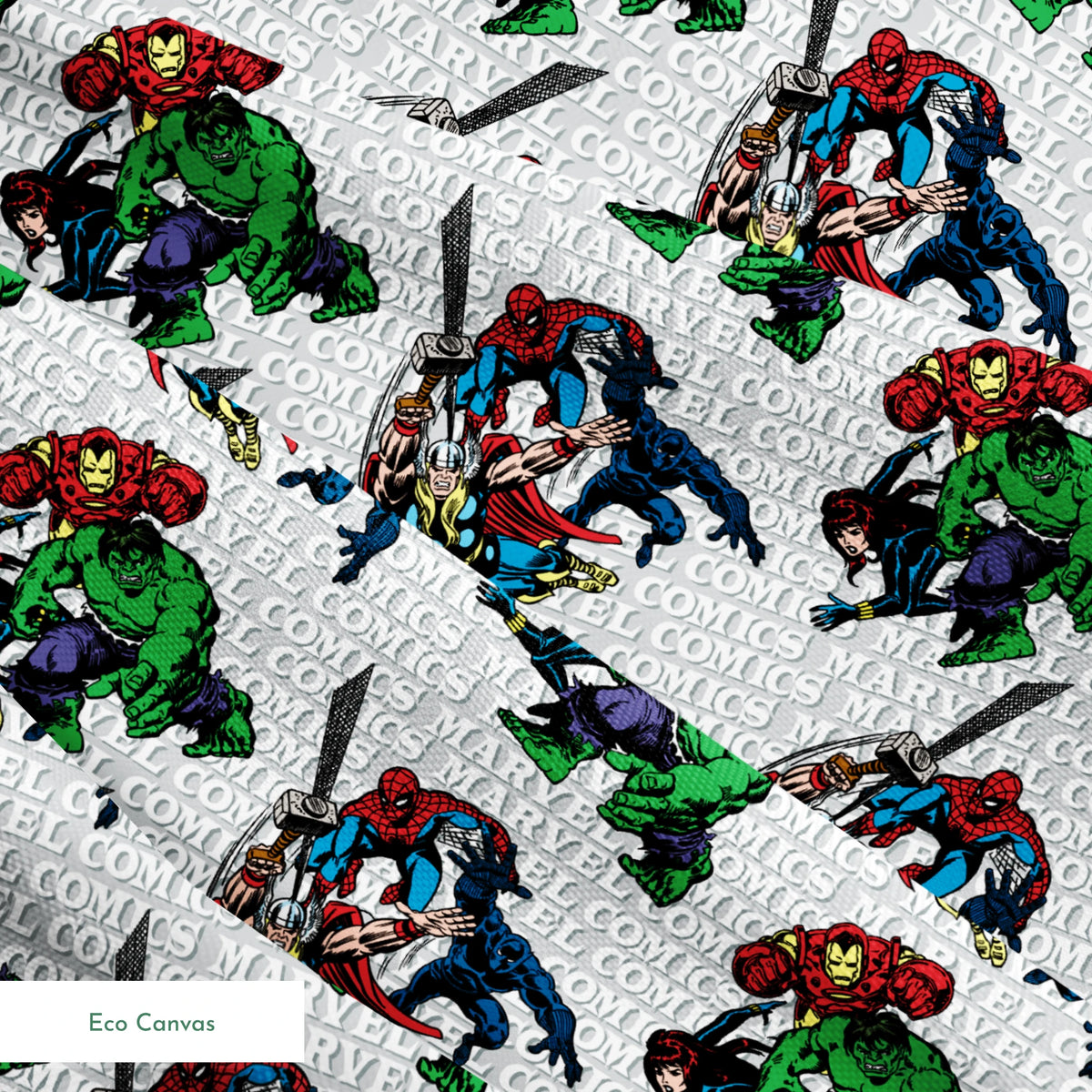 Marvel Comics superheroes pattern with Hulk, Iron Man, Captain America, and Spider-Man on a repeating text background. springs ecocanvas texture