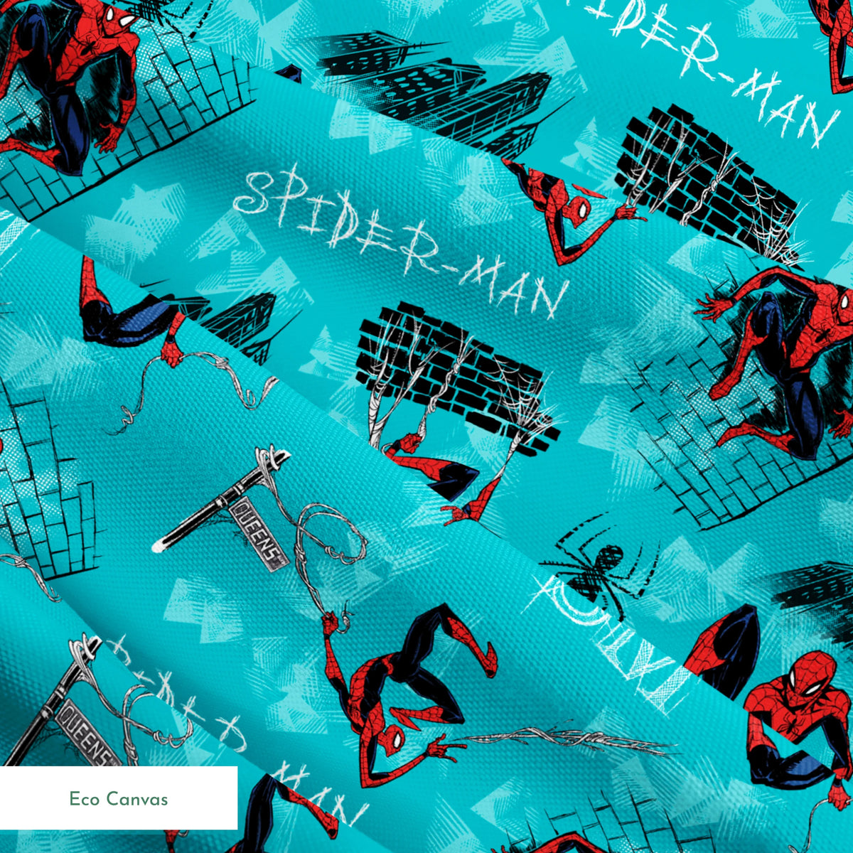 Spider-Man pattern on turquoise background with multiple poses, web designs, and logos springs ecocanvas texture