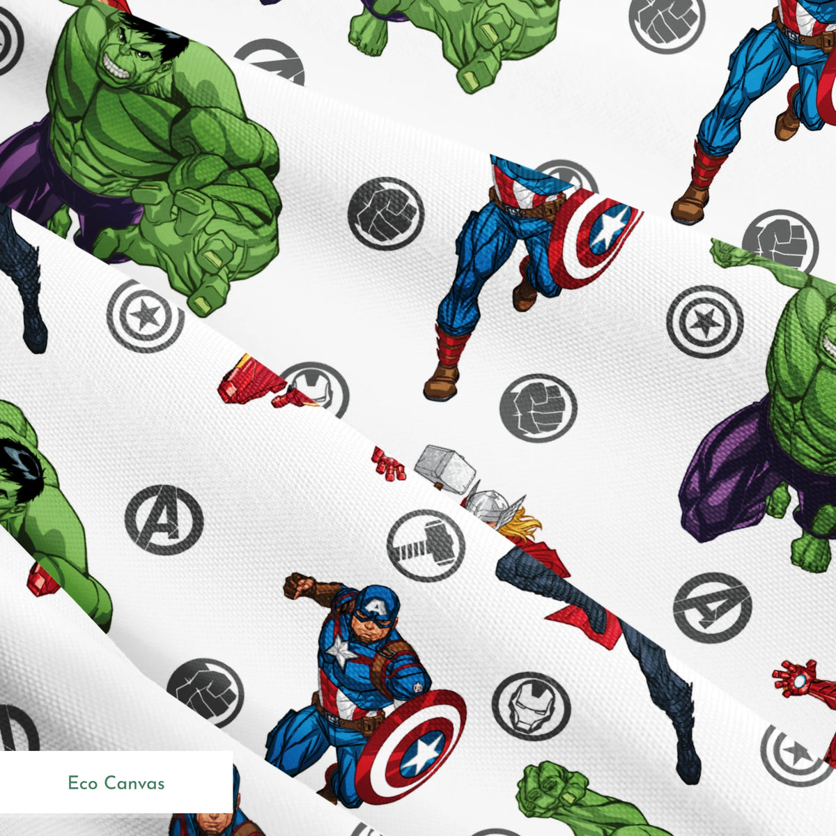Marvel Avengers characters pattern with Hulk, Thor, Iron Man, and Captain America among superhero logos springs ecocanvas texture