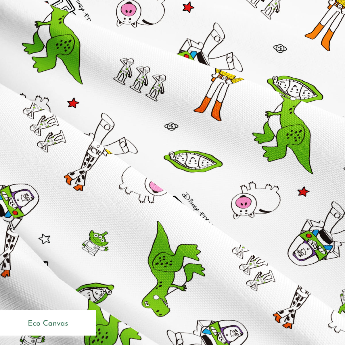 Toy Story pattern with Rex, Buzz, Woody, and alien characters scattered on white background springs ecocanvas texture