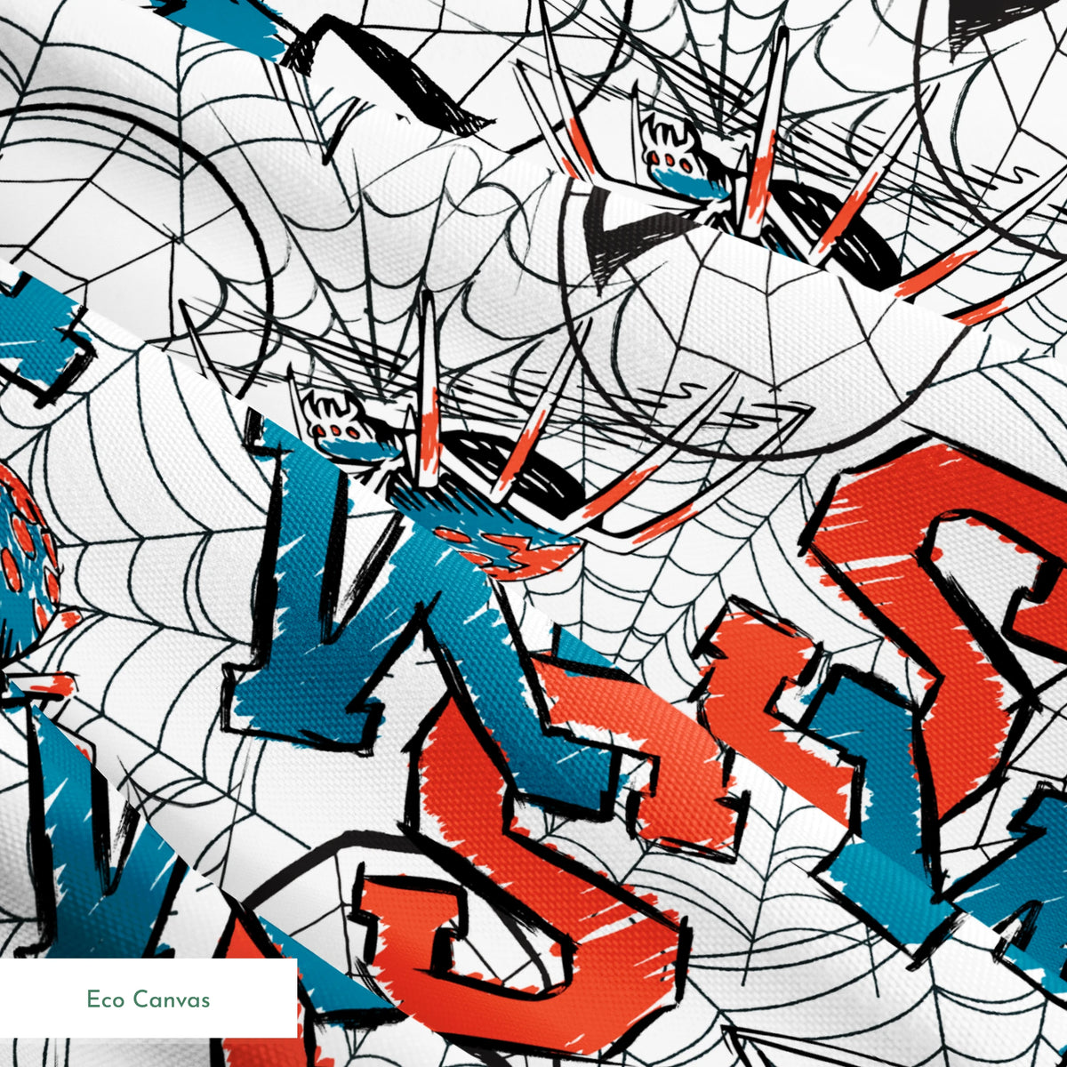 Abstract design with blue and red letters (S, M, K) overlaid with black spider web patterns on white background springs ecocanvas texture