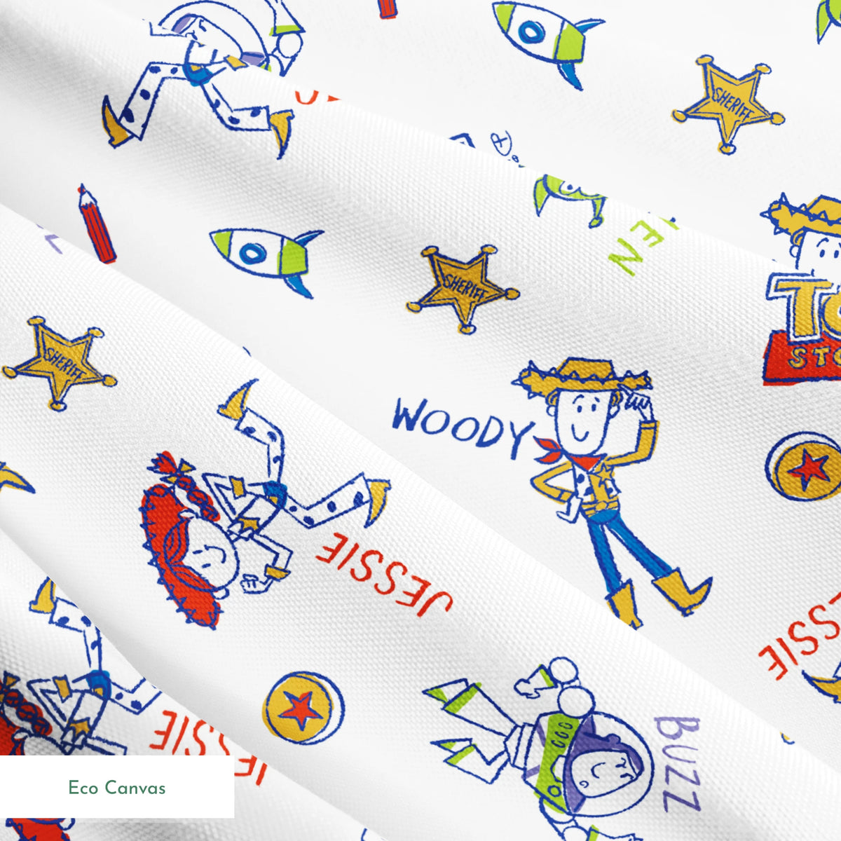Toy Story pattern with Buzz Lightyear and Woody characters, stars, and spaceships on white background springs ecocanvas texture