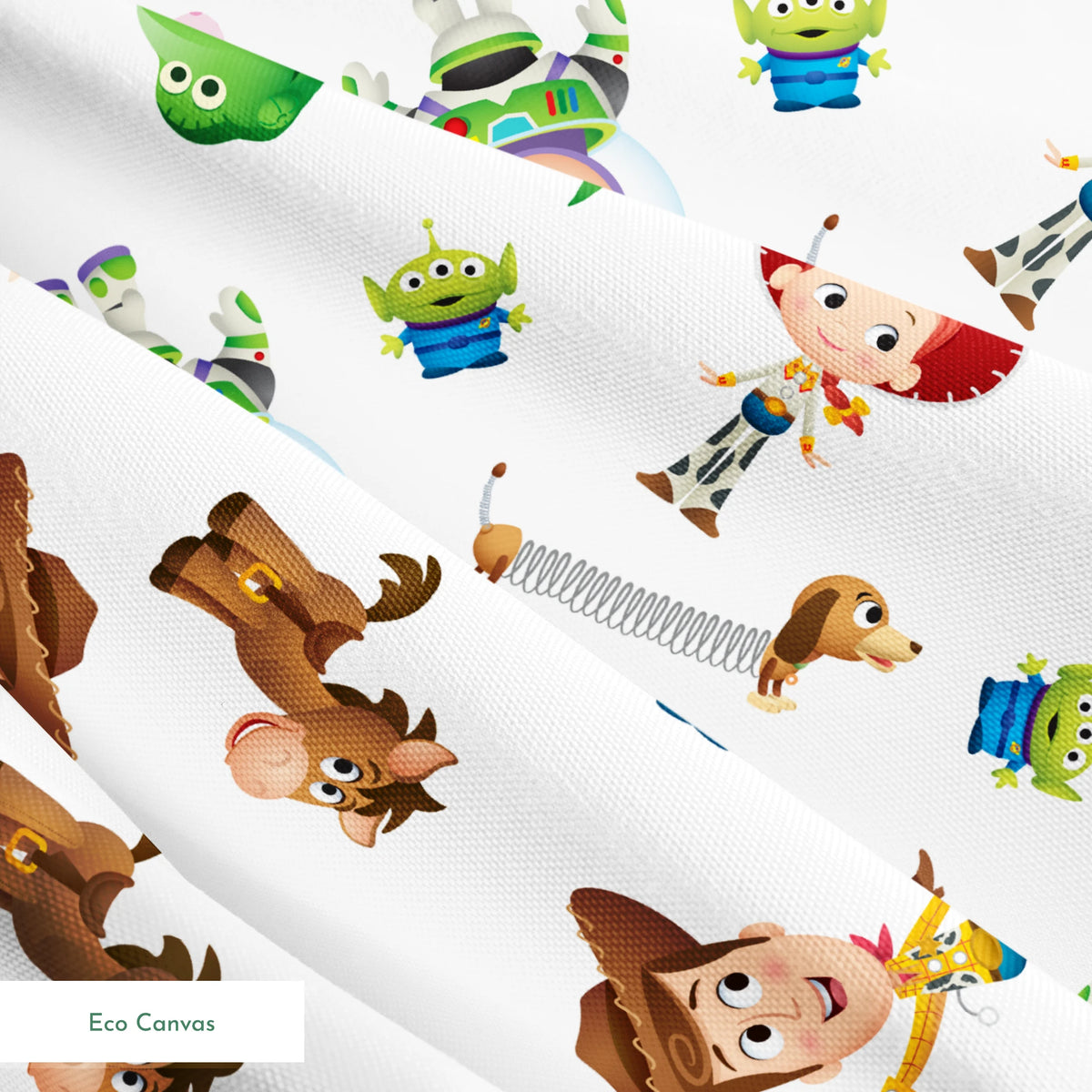 Toy Story character pattern with Woody, Buzz, Jessie, Rex, Slinky Dog and aliens on white background springs ecocanvas texture