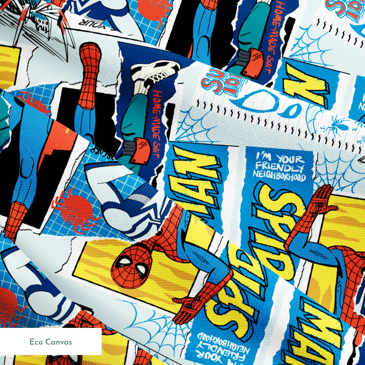 Spider-Man comic book style pattern with red and blue superheroes in action poses against web-themed background springs ecocanvas texture