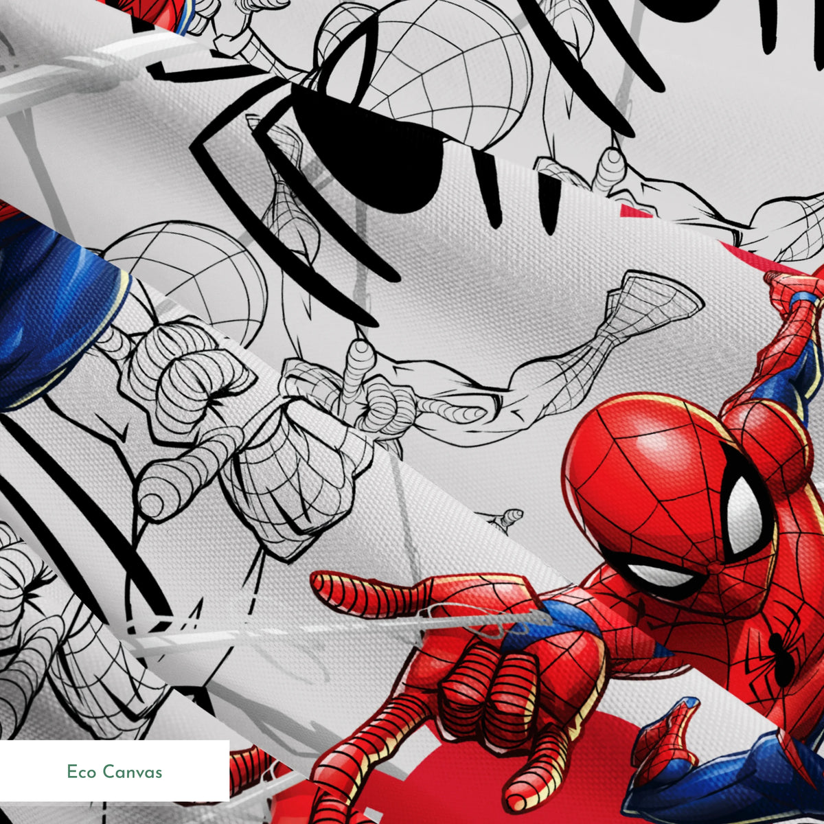 Spider-Man in various poses, including colored and line art illustrations on a red and gray background springs ecocanvas texture