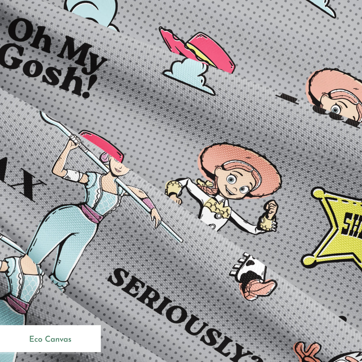 Toy Story character pattern with Buzz, Woody and aliens on gray background with phrases like "Good Vibes" and "Galaxy Hoppin' springs ecocanvas texture
