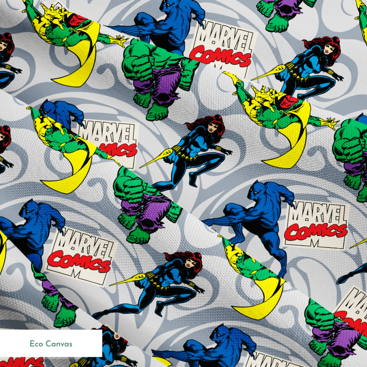 Marvel Comics characters including Hulk, Vision, and other superheroes on a gray background with Marvel Comics logos springs ecocanvas texture