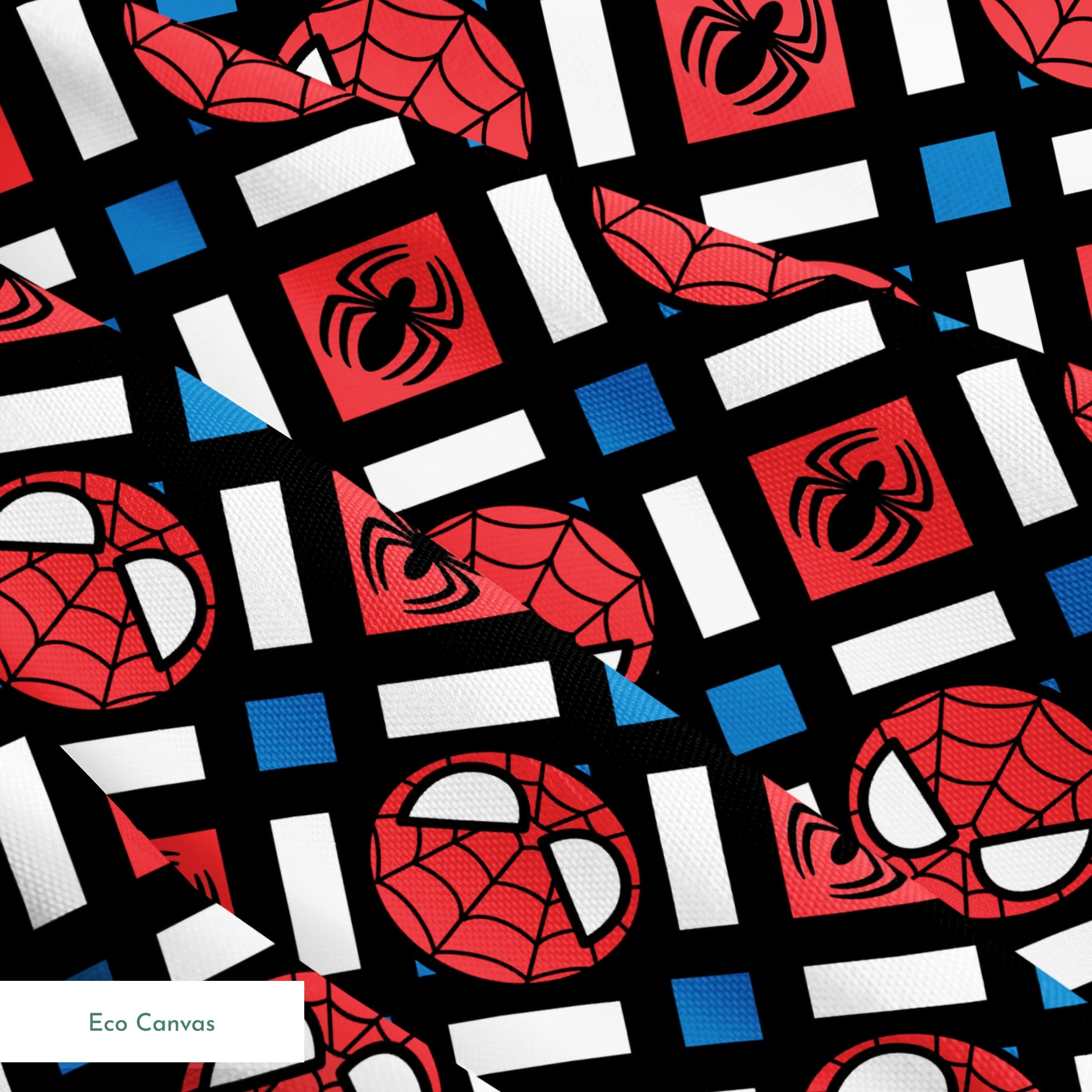 Spider-Man pattern with red masks, spider symbols, webs on black background with white X shapes and blue diamonds springs ecocanvas texture
