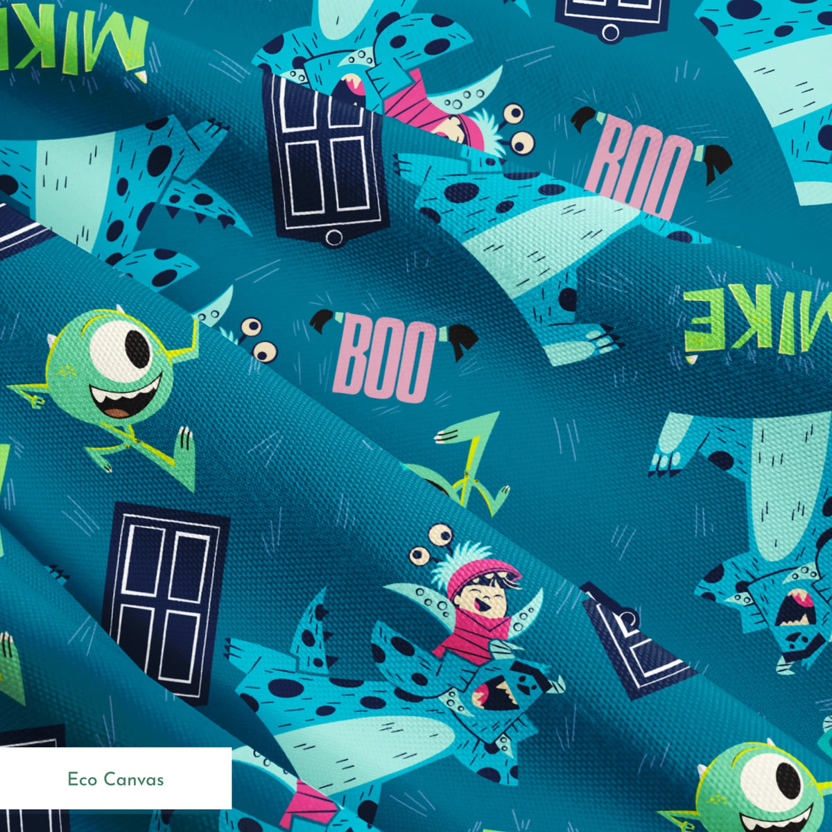 Monsters Inc pattern with Mike, Sulley, Boo characters, and doors on teal background springs ecocanvas texture
