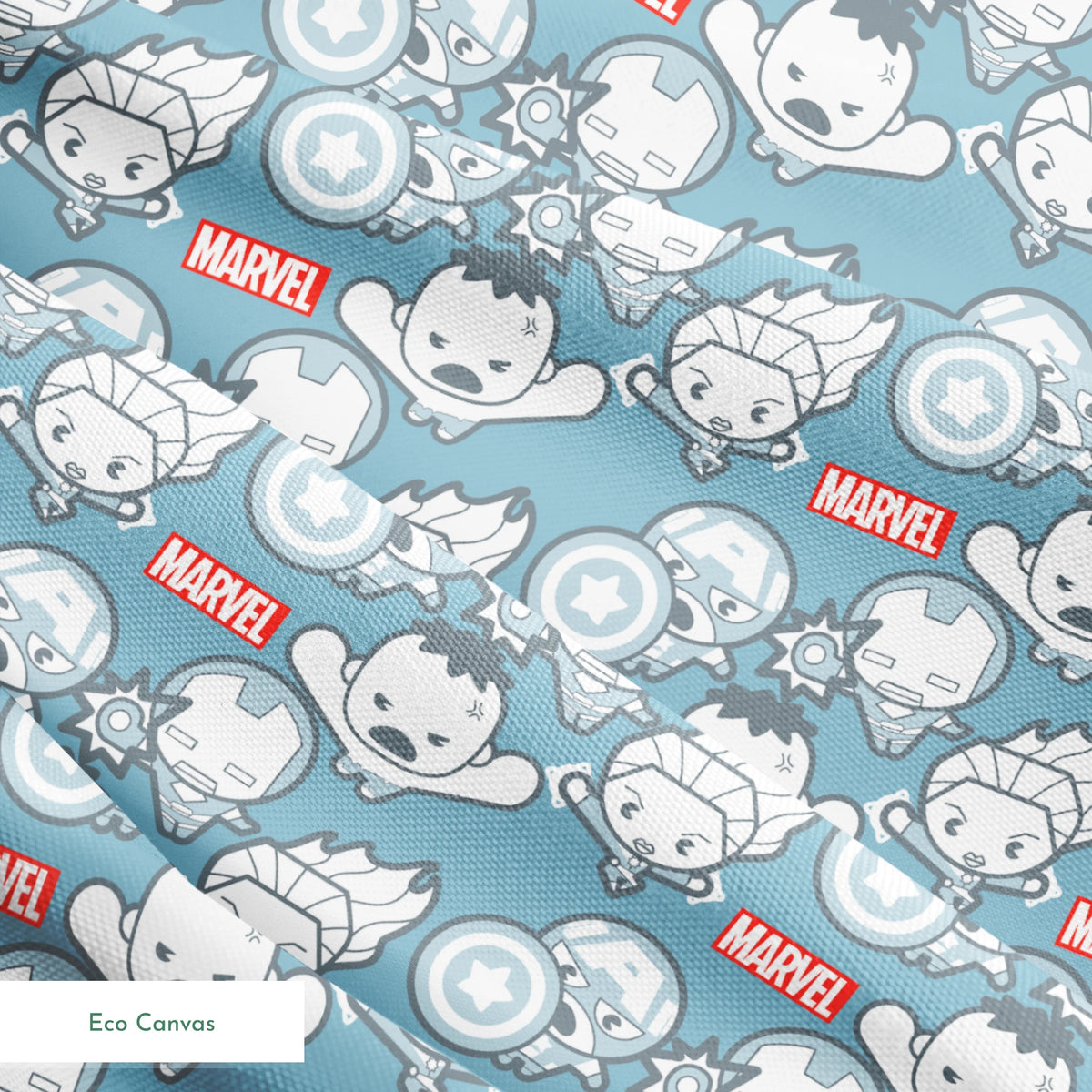 Marvel kawaii superhero pattern with cartoon characters, shields, and gear symbols on blue background springs ecocanvas texture