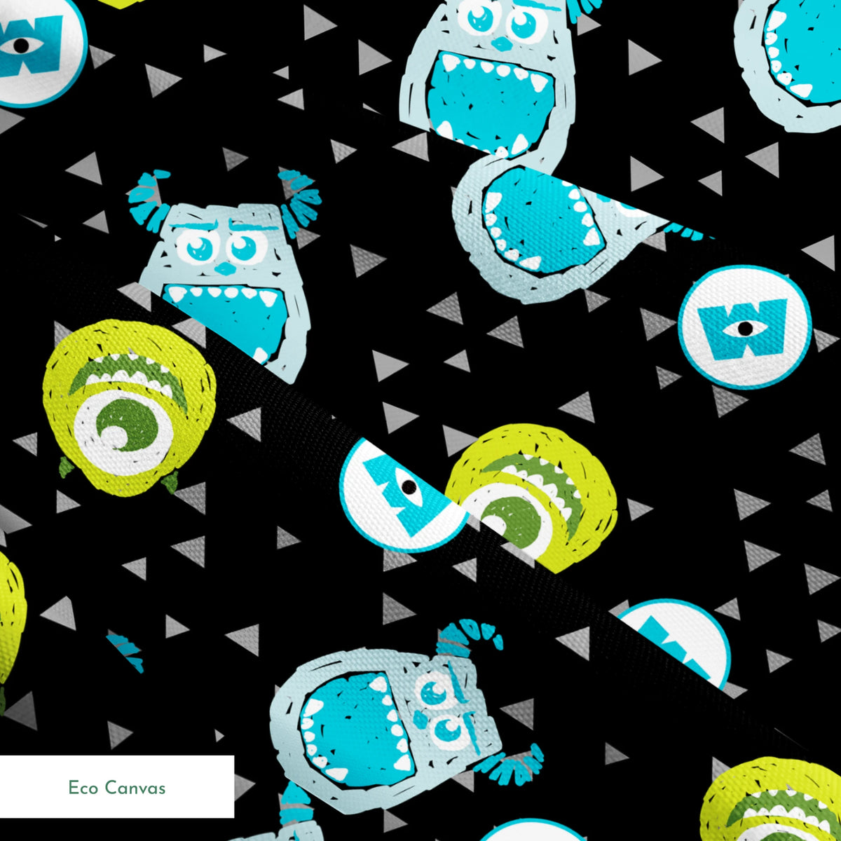 Monsters Inc pattern with Mike and Sulley on black background with gray triangles springs ecocanvas texture