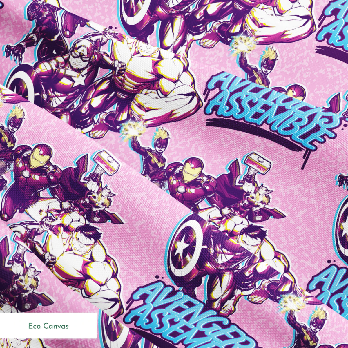 Avengers comic book characters pattern on purple background with "Avengers Assemble" text springs ecocanvas texture