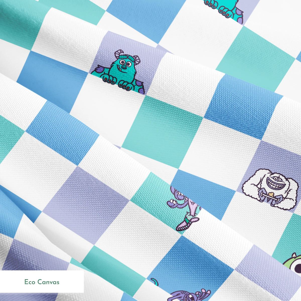 Monsters Inc characters on a checkered pattern of white, mint green, light purple, and blue squares springs ecocanvas texture