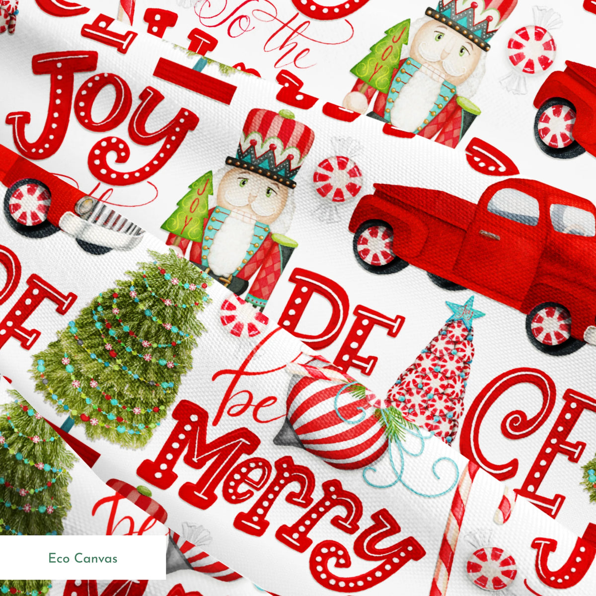 Holiday pattern featuring red trucks, nutcrackers, candy canes, Christmas trees, and festive lettering on a white background by Nicole Tamarin. springs ecocanvas texture