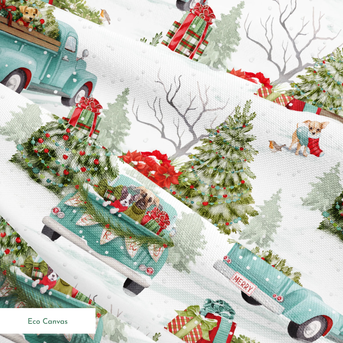 Vintage-style holiday fabric by Nicole Tamarin featuring teal trucks with Christmas trees, dogs, snow, and gifts in a festive winter landscape. springs ecocanvas texture