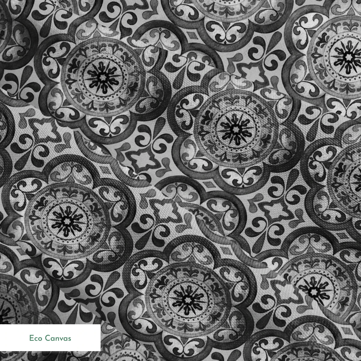 Grayscale medallion tile pattern with floral and scroll motifs in a symmetrical layout by Nicole Tamarin. springs ecocanvas texture