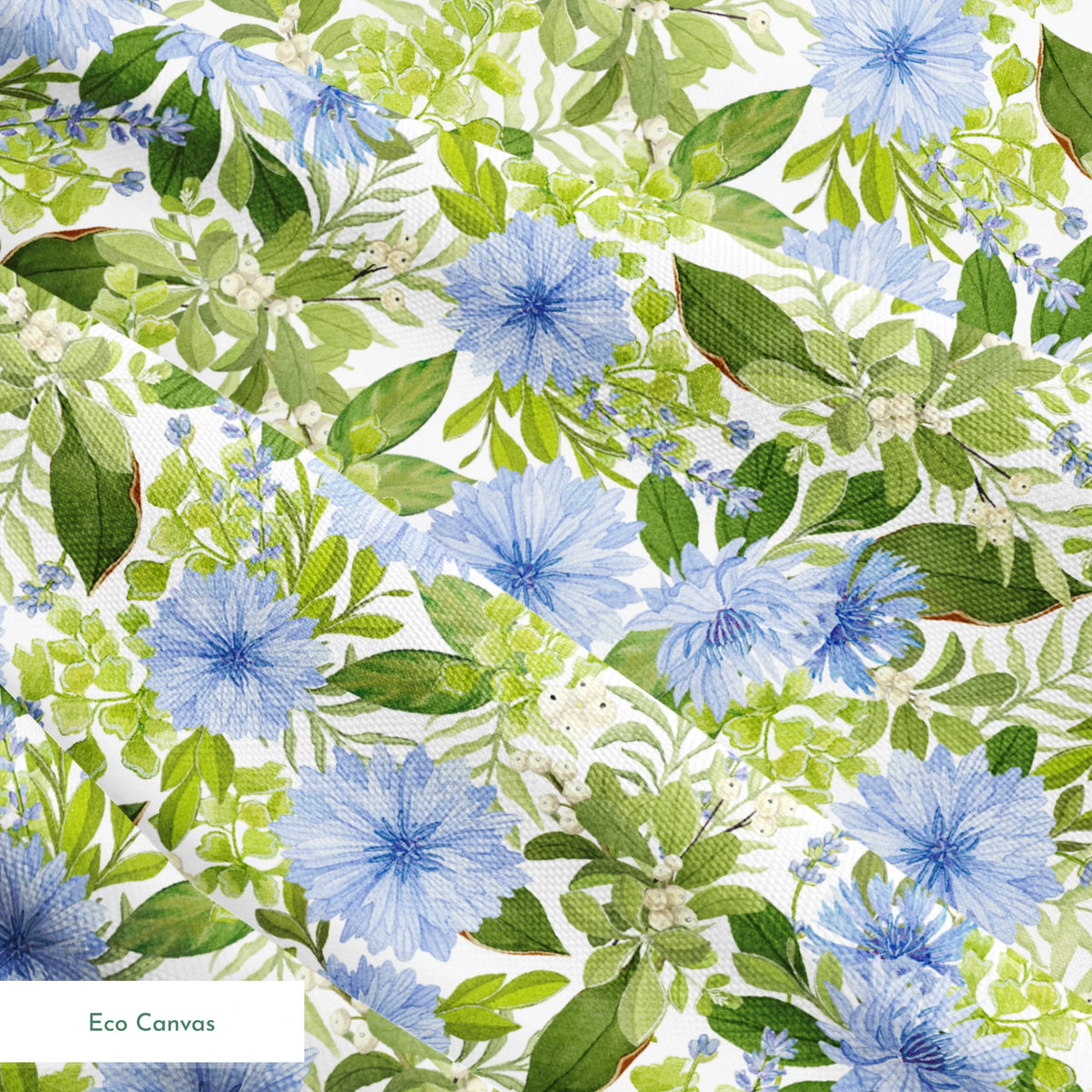Watercolor-style botanical fabric pattern featuring blue wildflowers and soft green foliage on a white background. Designed by Nicole Tamarin. springs ecocanvas texture