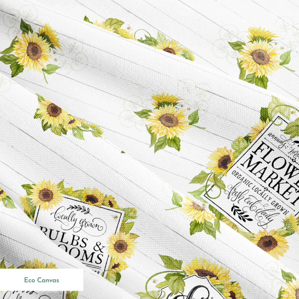 Watercolor sunflower clusters with vintage-style gardening labels on a white shiplap background, designed by Nicole Tamarin. springs ecocanvas texture