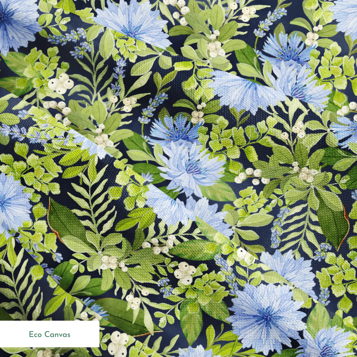 Beautiful floral pattern with light blue cornflowers and vibrant green leaves and foliage springs ecocanvas texture