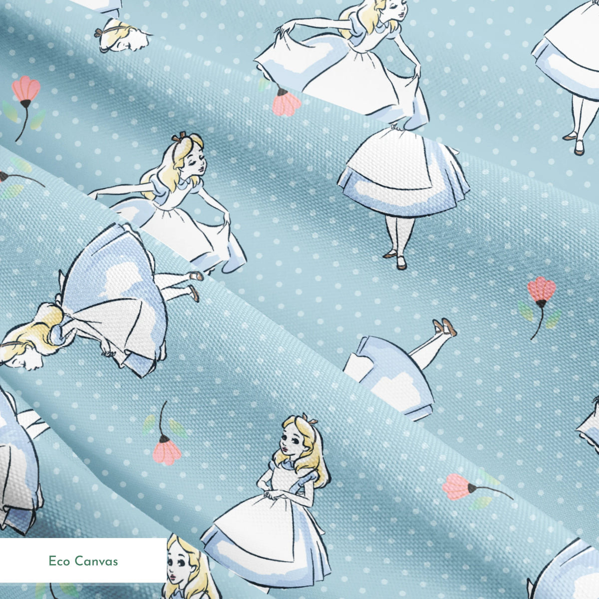 Blue polka dot pattern with illustrated characters in blue dresses and small pink flowers scattered throughout. springs ecocanvas texture