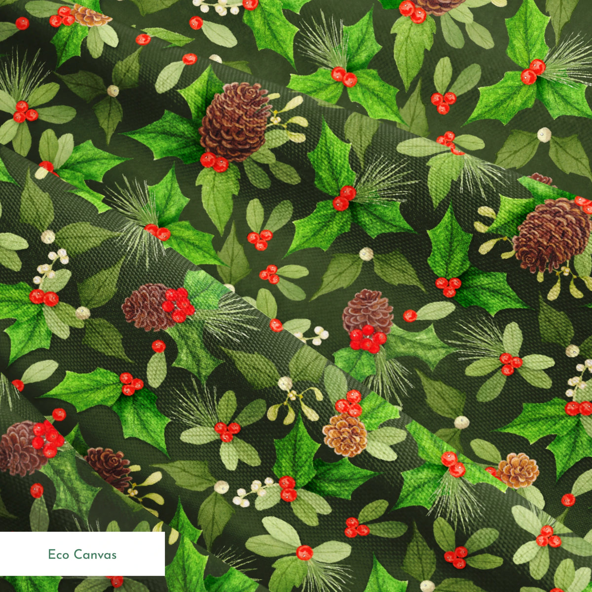 Seamless holiday pattern by Nicole Tamarin featuring pinecones, holly, red berries, and green foliage on a dark green background. springs ecocanvas texture