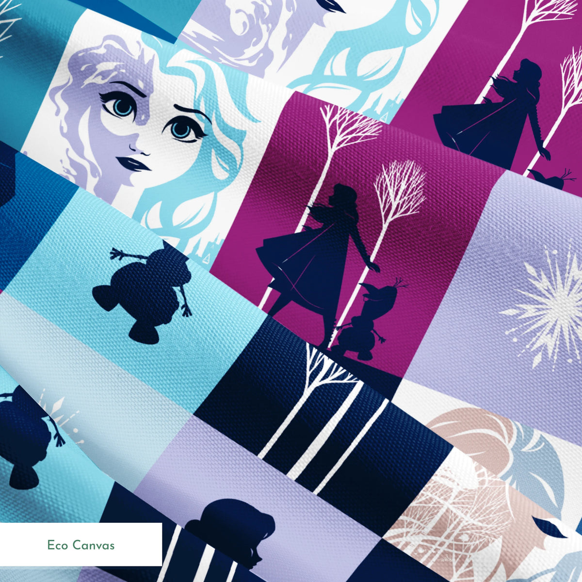 A grid of "Frozen" themed illustrations featuring character portraits, snowflakes, winter trees, and silhouetted scenes in shades of blue and purple. springs ecocanvas texture