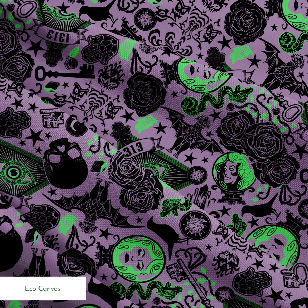 A dark purple background with gothic imagery in black and neon green featuring mystical elements including roses, celestial symbols, eyes, hands, and ornate decorative patterns. springs ecocanvas texture