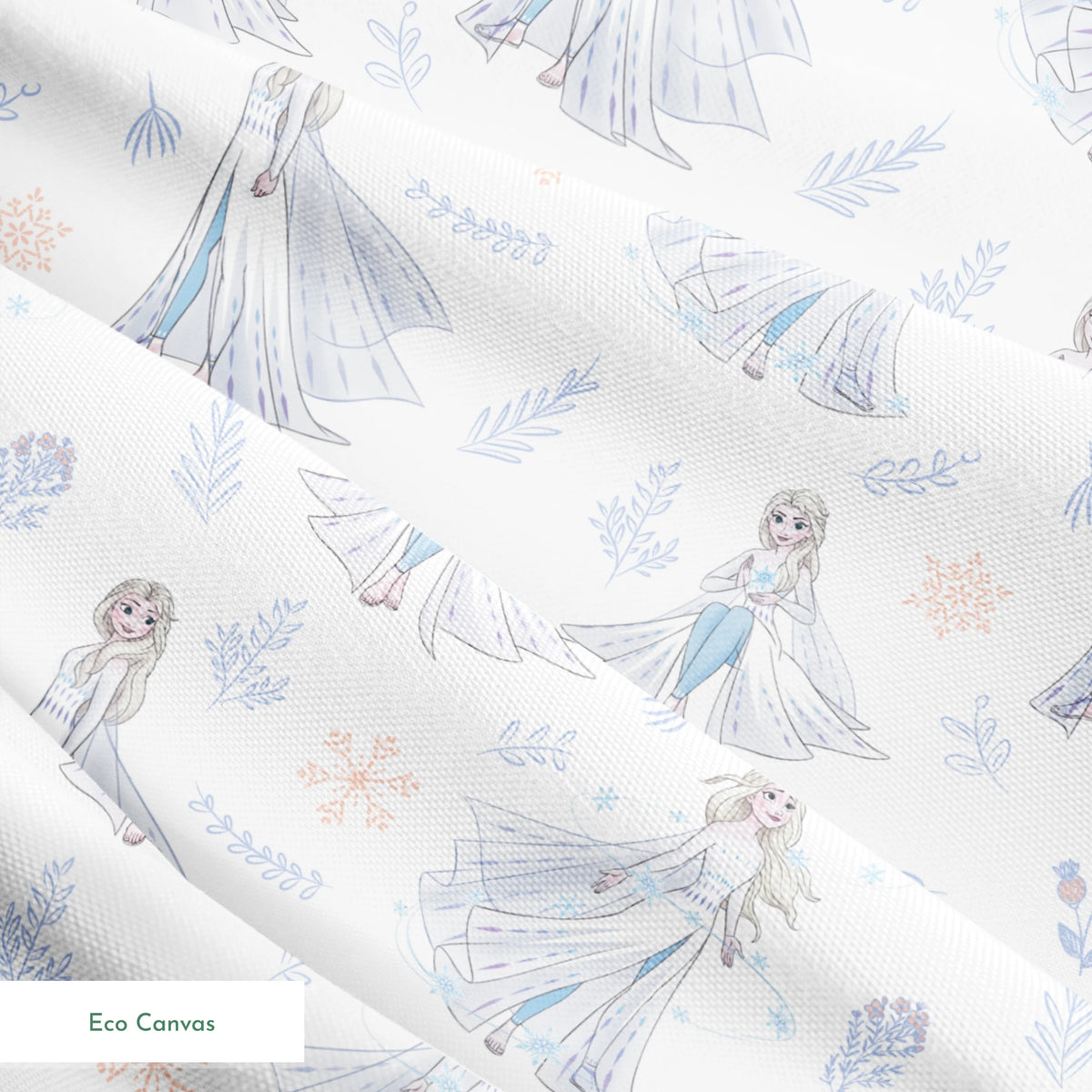 The image shows a decorative pattern featuringFrozen's Elsa, surrounded by delicate snowflakes, leaves, and floral elements in soft pastel colors on a light background. springs ecocanvas texture
