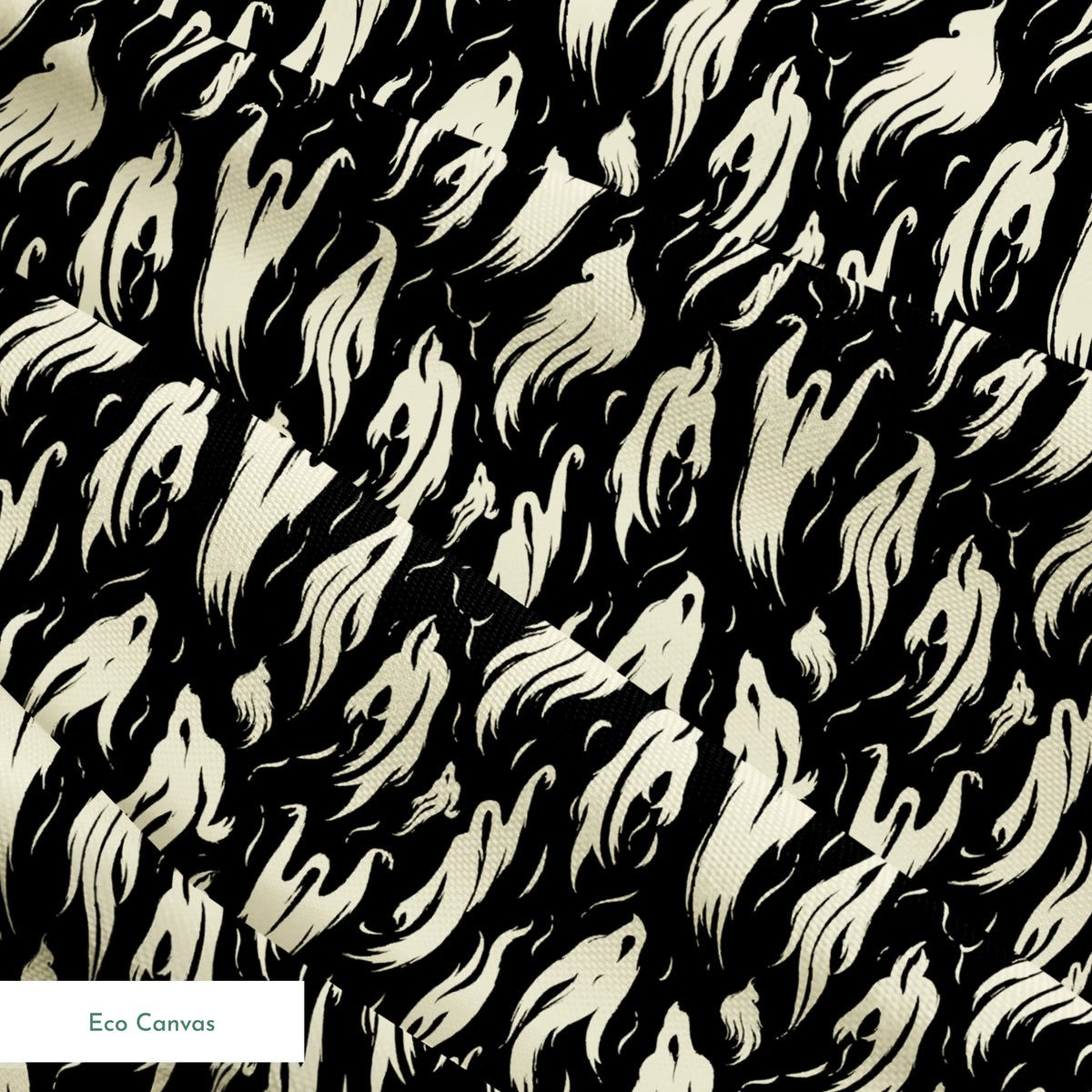 Abstract ghost-like shapes in pale cream swirling against a black background in a repeating pattern springs ecocanvas texture