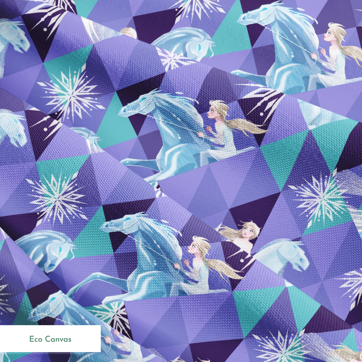Disney's Frozen pattern with Elsa on horses against purple geometric background with snowflakes springs ecocanvas texture