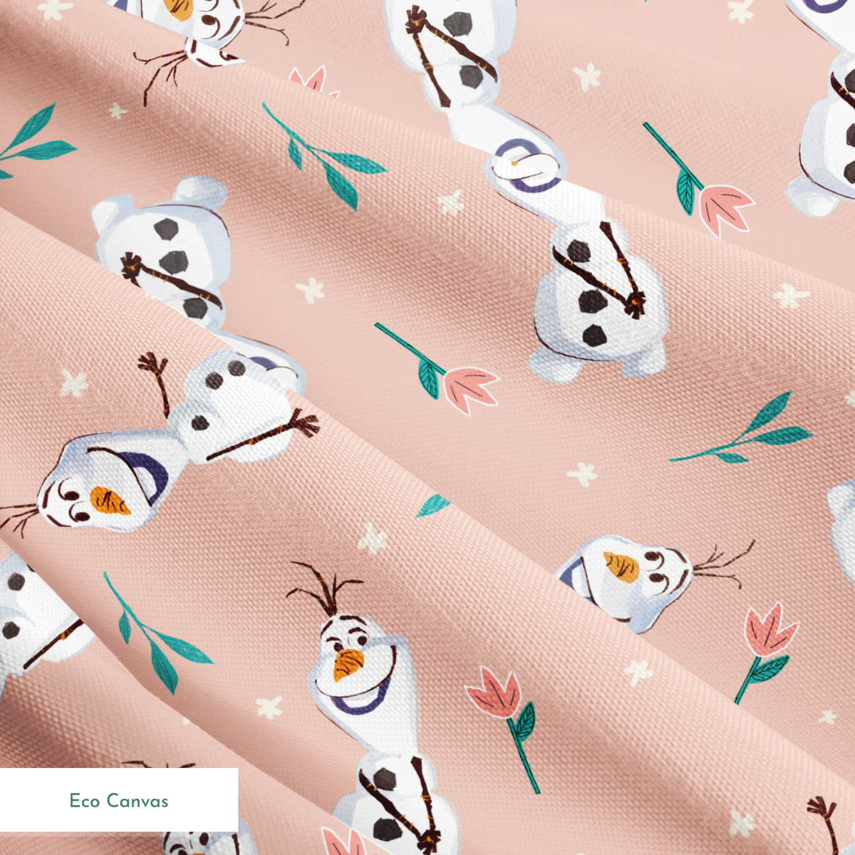 Playful pattern of Olaf scattered with green leaves on a peachy pink background springs ecocanvas texture