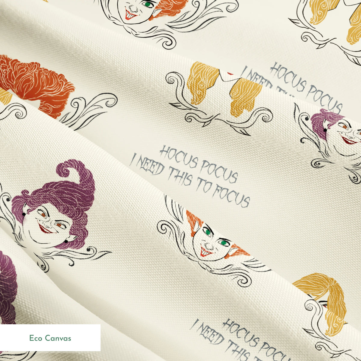Pattern of illustrated magical characters with orange, blonde and purple hair on cream background with "Hocus Pocus" text springs ecocanvas texture