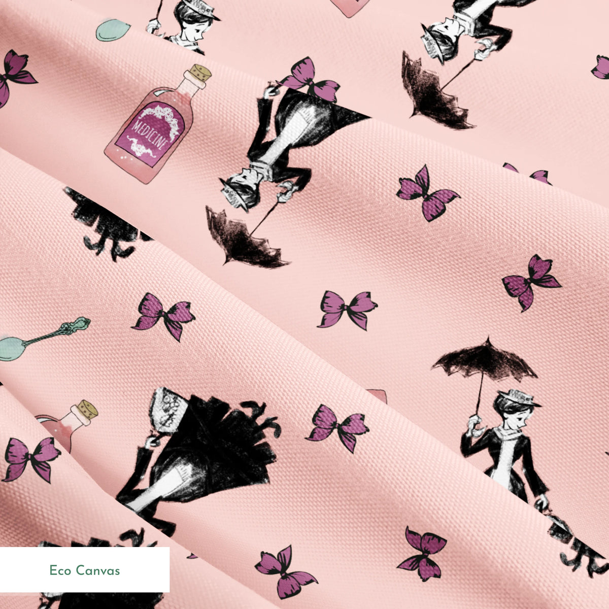 Whimsical illustration on pink background featuring Mary Poppins, purple bottles, and floating bows springs ecocanvas texture