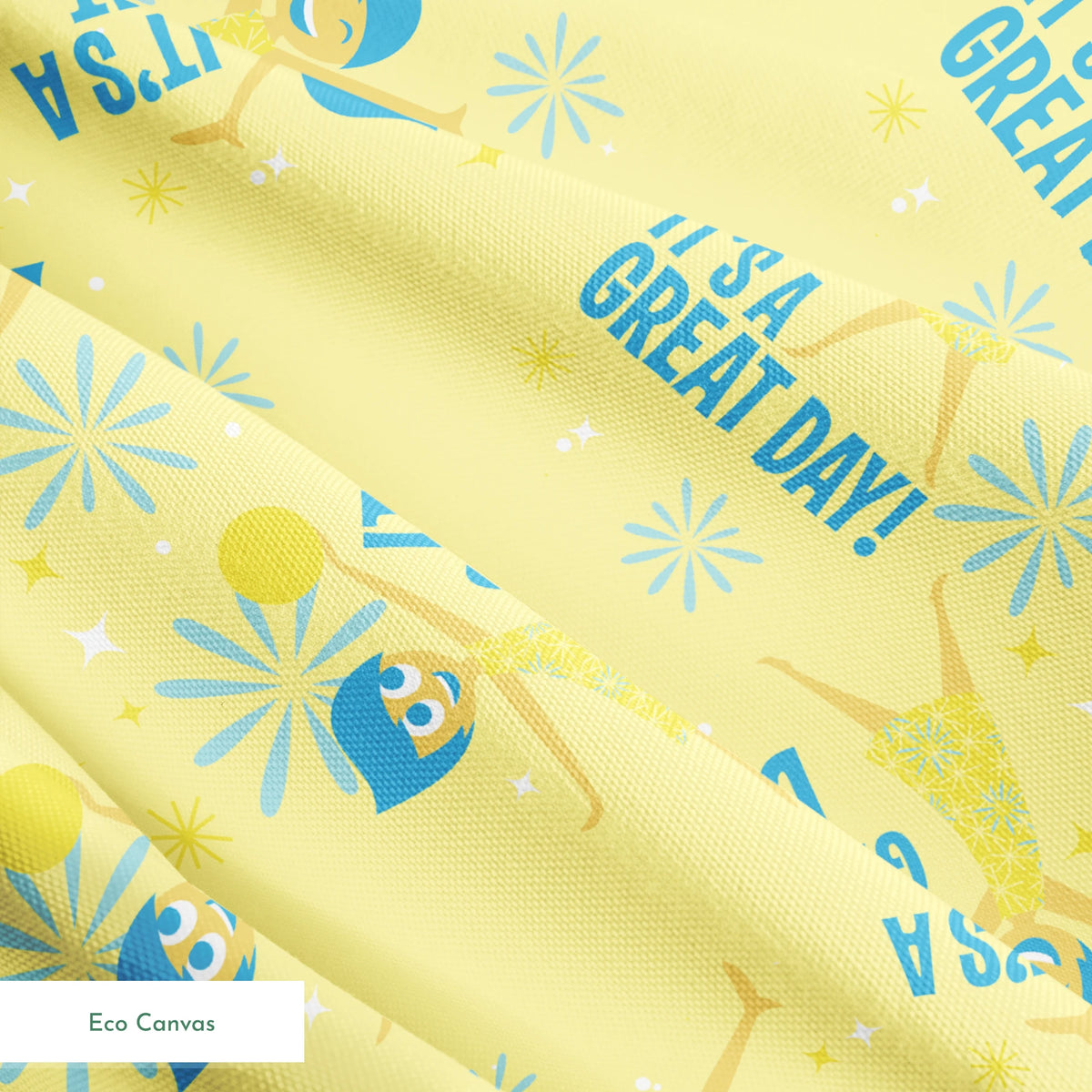 Cheerful Inside Out pattern with blue "IT'S A GREAT DAY!" text and decorative white accents springs ecocanvas texture