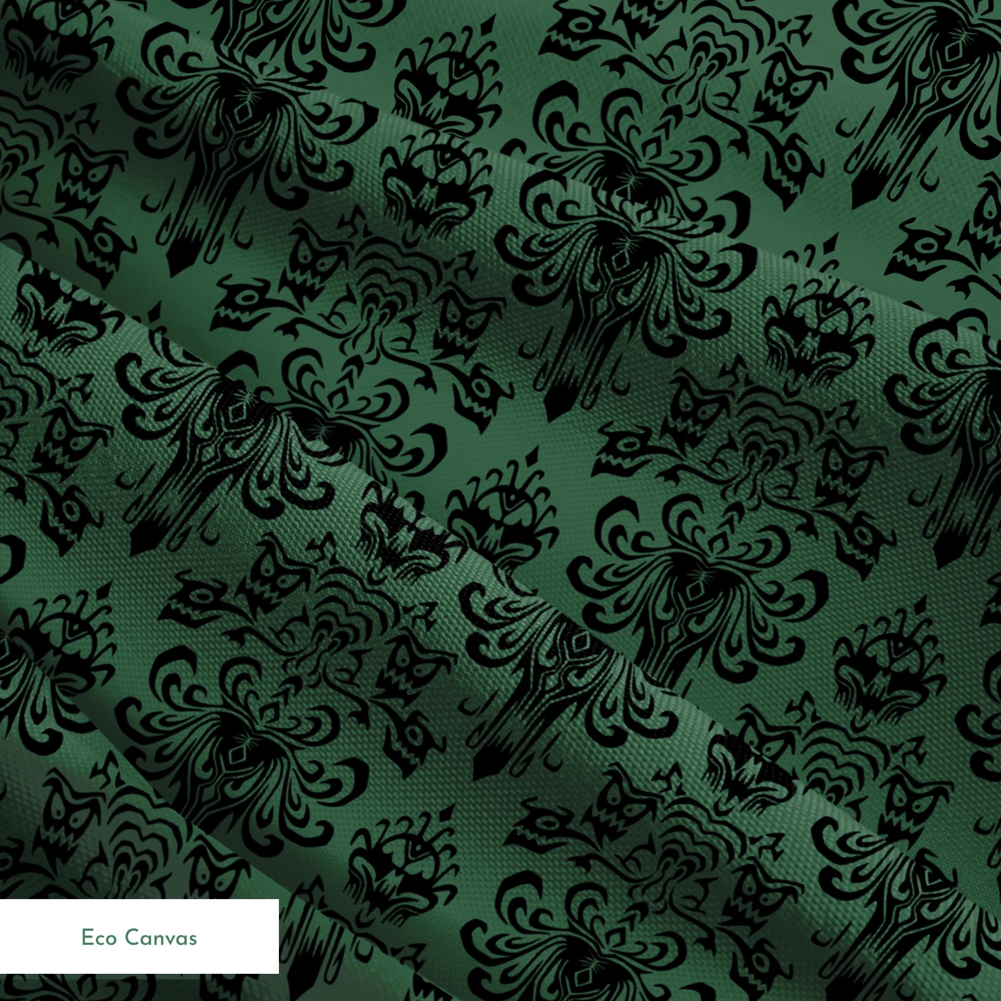 The image shows an elegant Victorian or Gothic-style damask pattern in black against a dark green background. The repeating ornate design features intricate scrollwork, flourishes, and symmetrical decorative elements arranged in a traditional wallpaper or textile pattern style. springs ecocanvas texture