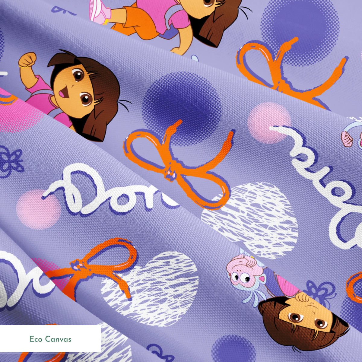 Cartoon pattern featuring Dora the Explorer, Boots the monkey, and other characters on purple background with bows and clouds. springs ecocanvas texture