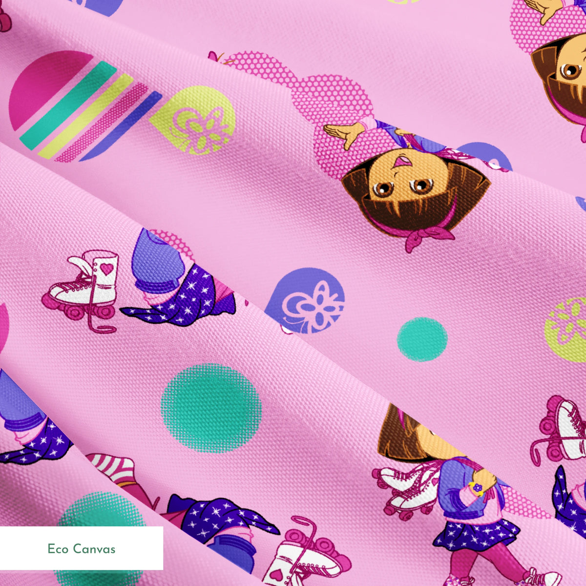 Dora the Explorer pattern with purple background, colorful polka dots and striped shapes springs ecocanvas texture