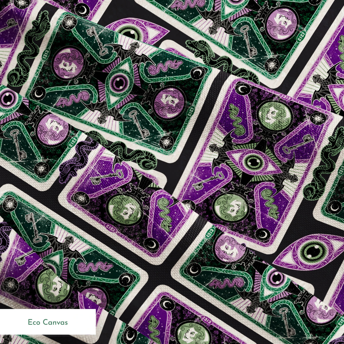 Ornate playing card designs with purple and green patterns featuring central eye motifs and circular number elements against a black background. springs ecocanvas texture