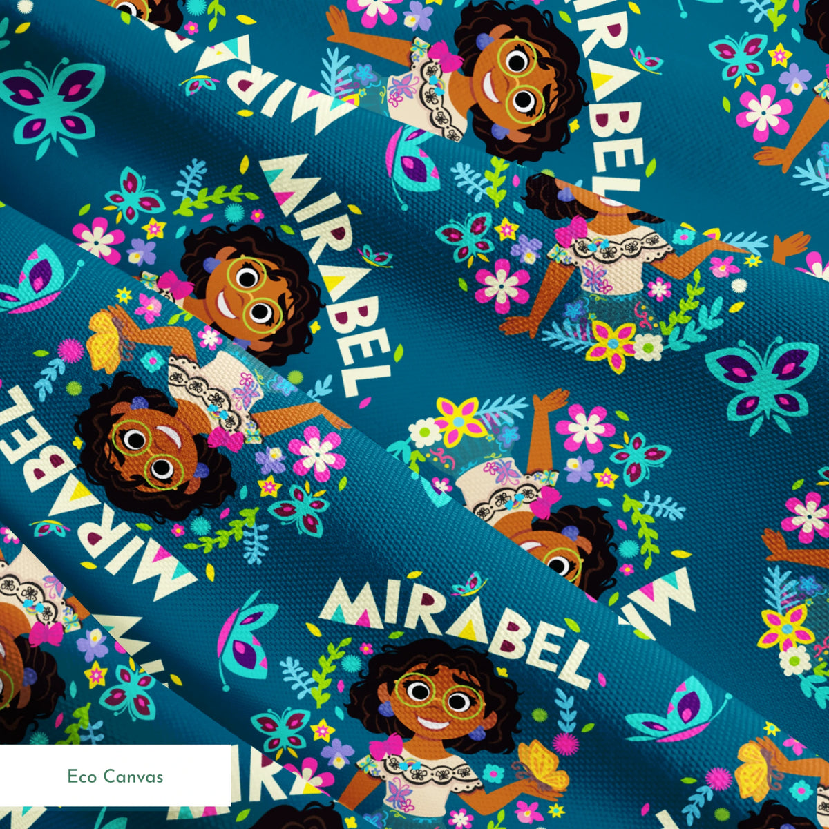 Colorful cartoon pattern on teal background featuring characters, butterflies, flowers, and "Mirabel" text in repeating design springs ecocanvas texture