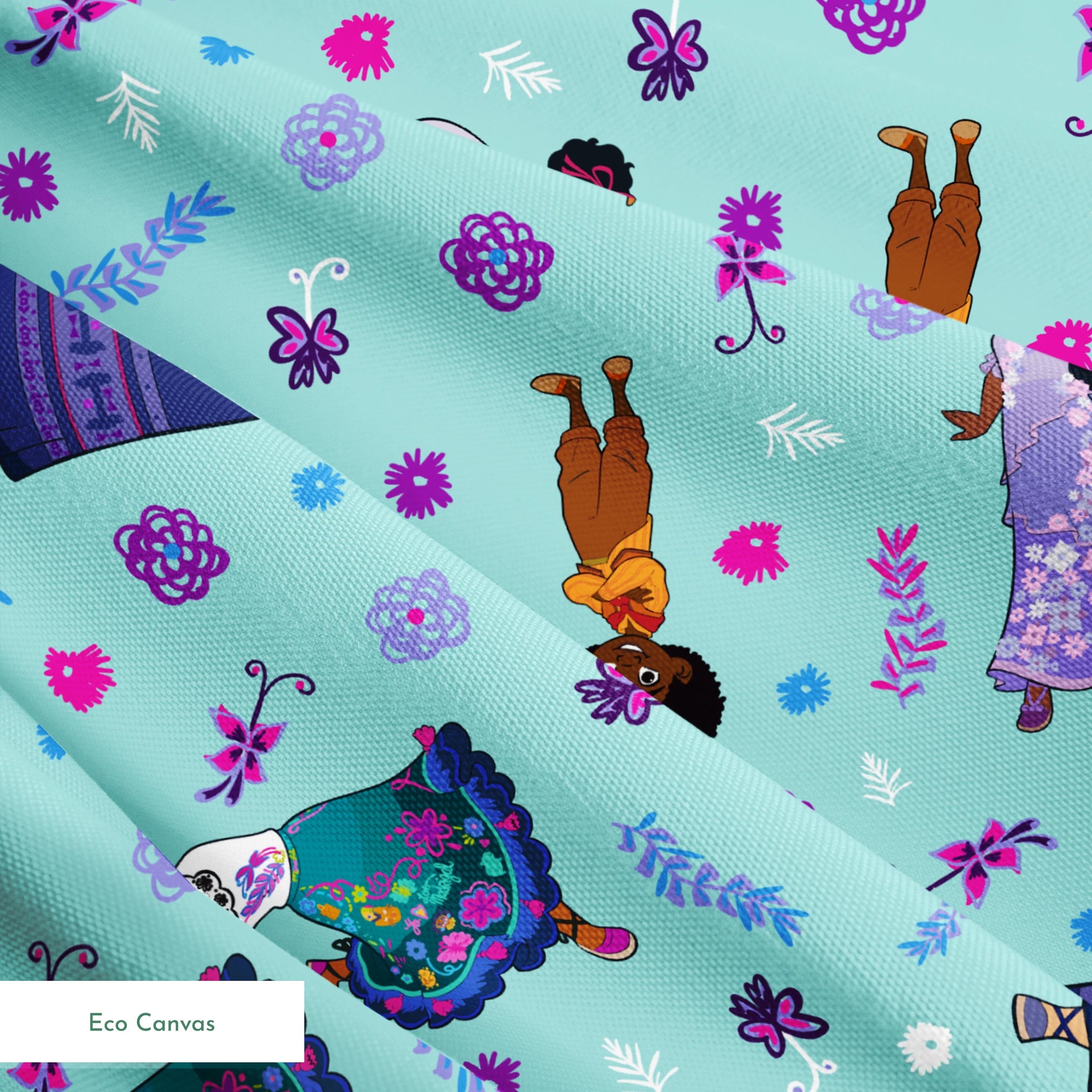 Colorful pattern with figures in traditional clothing, butterflies, and floral elements on teal background springs ecocanvas texture
