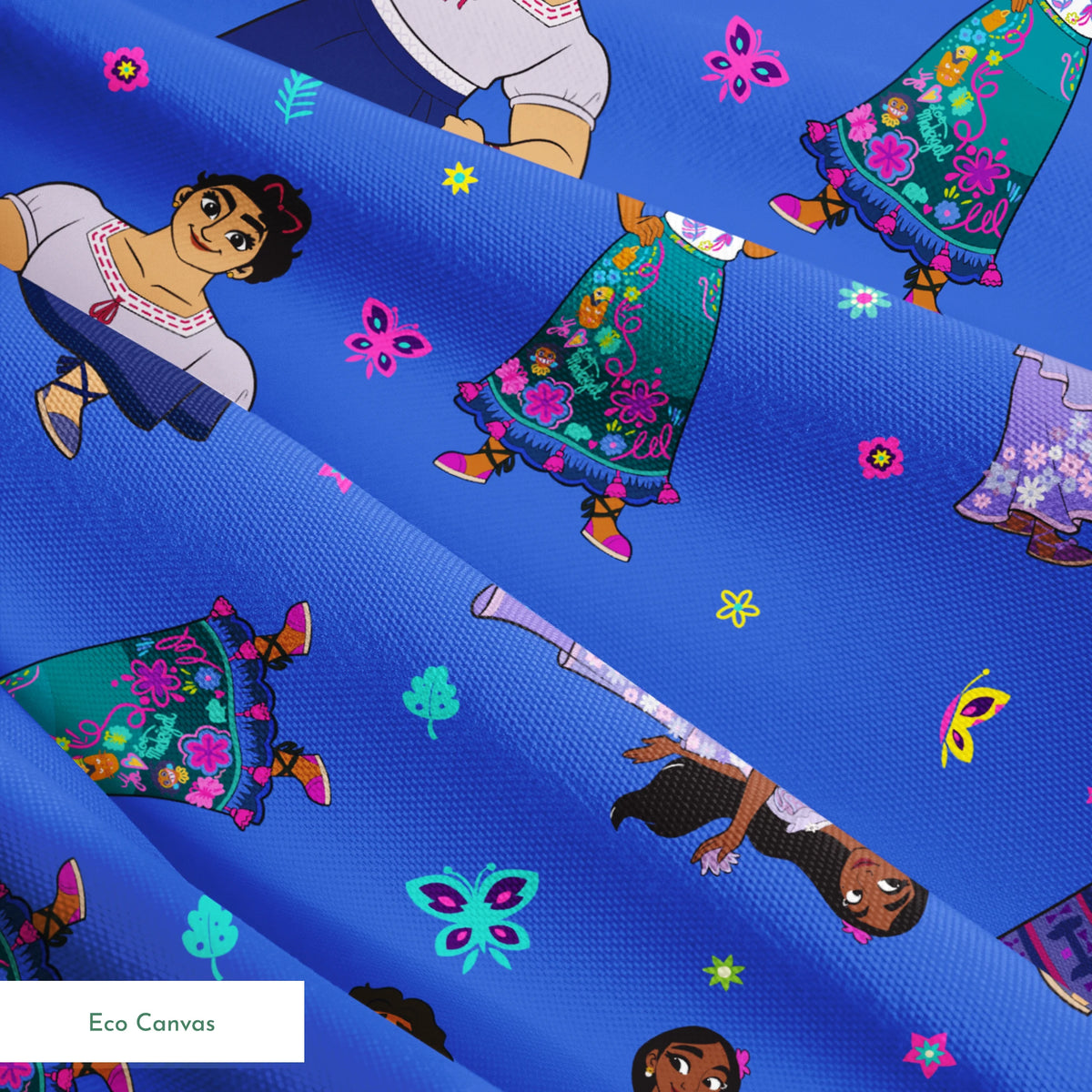 Colorful cartoon figures in traditional clothing floating on vibrant blue background with butterflies and flowers springs ecocanvas texture