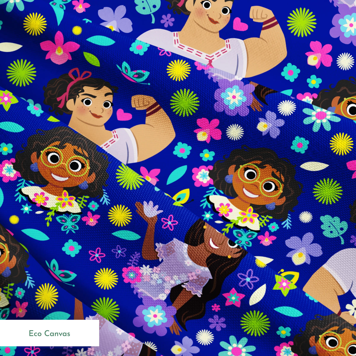 Colorful cartoon characters surrounded by bright flowers on vibrant blue background springs ecocanvas texture