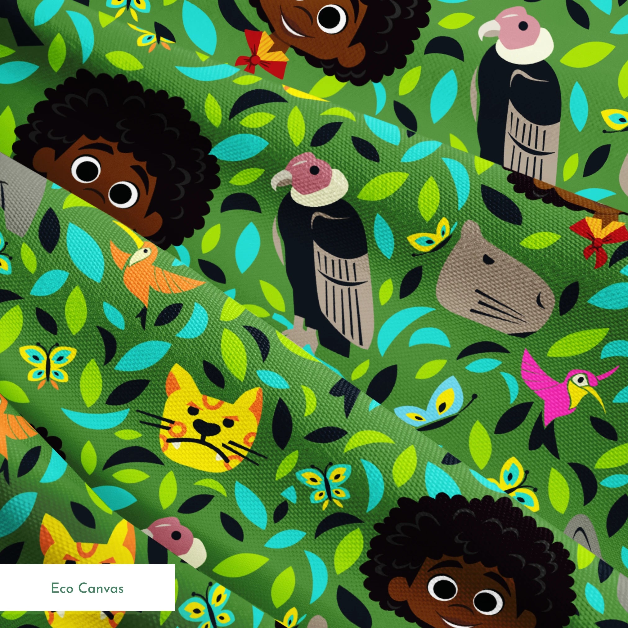 Colorful illustration with children, birds, butterflies, and animals among vibrant green foliage. springs ecocanvas texture