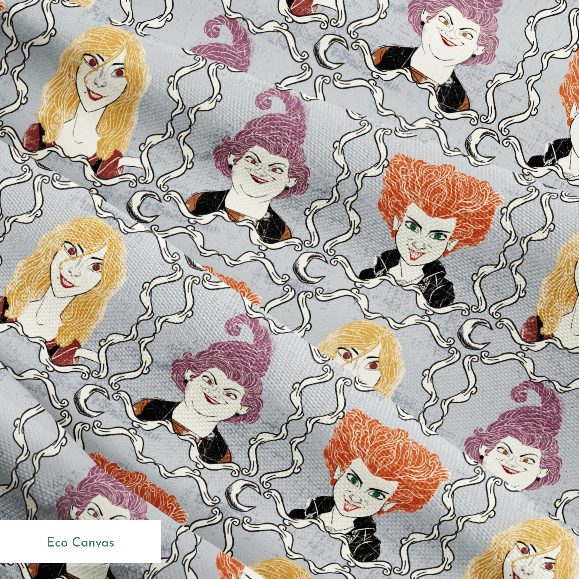 Illustrated portraits of fantasy characters with wild orange, blonde, and purple hair on gray patterned background springs ecocanvas texture
