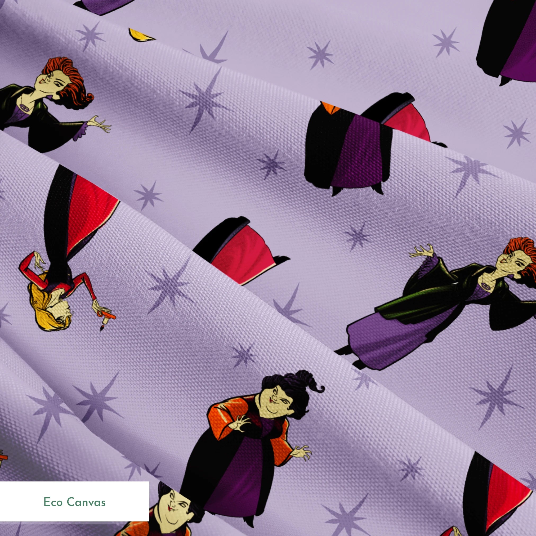 Purple background with cartoon characters in flowing capes and dresses with stars pattern, repeating decorative design springs ecocanvas texture