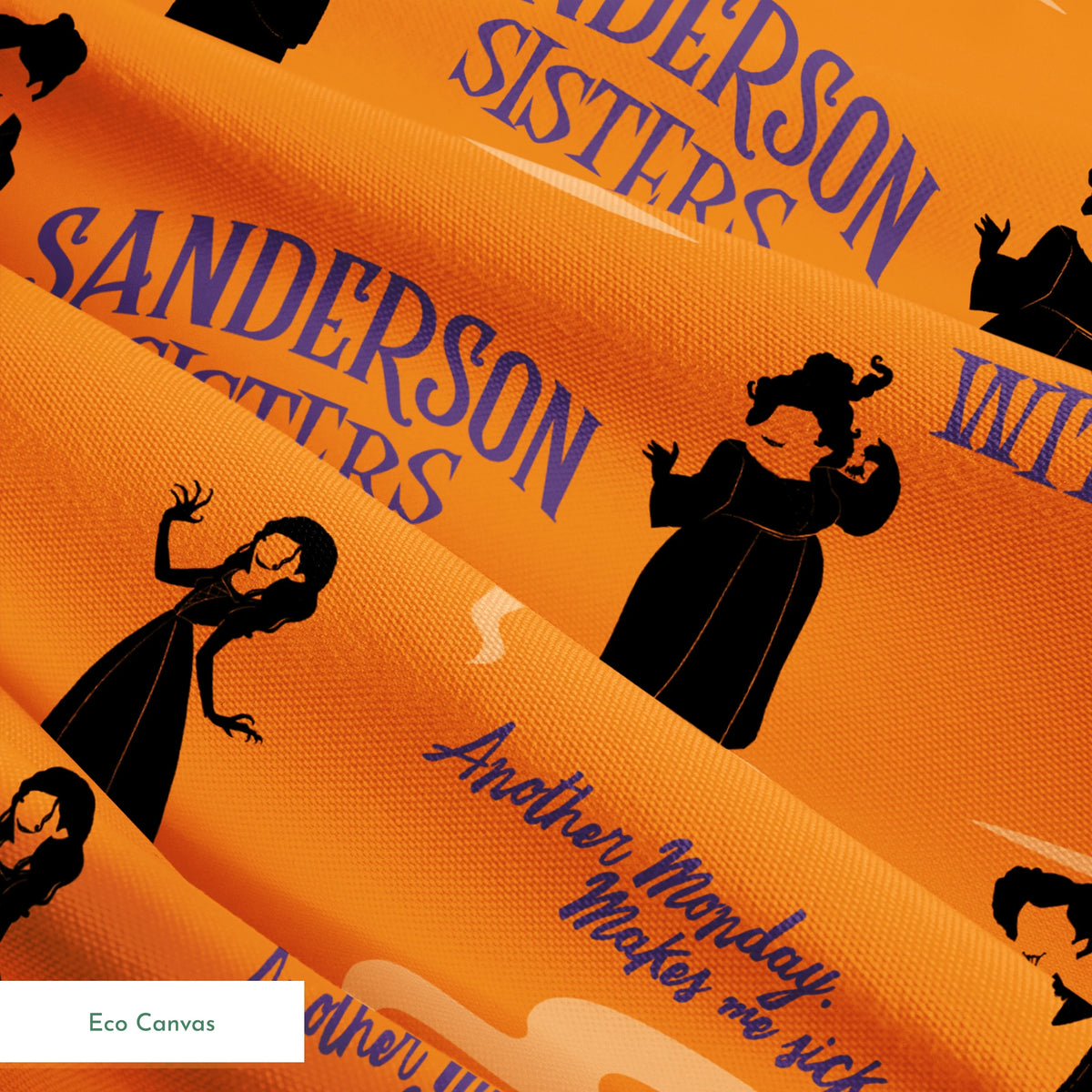 Orange background with silhouettes of witches in black robes and text "Sanderson Sisters" and "Salem's" in blue lettering springs ecocanvas texture