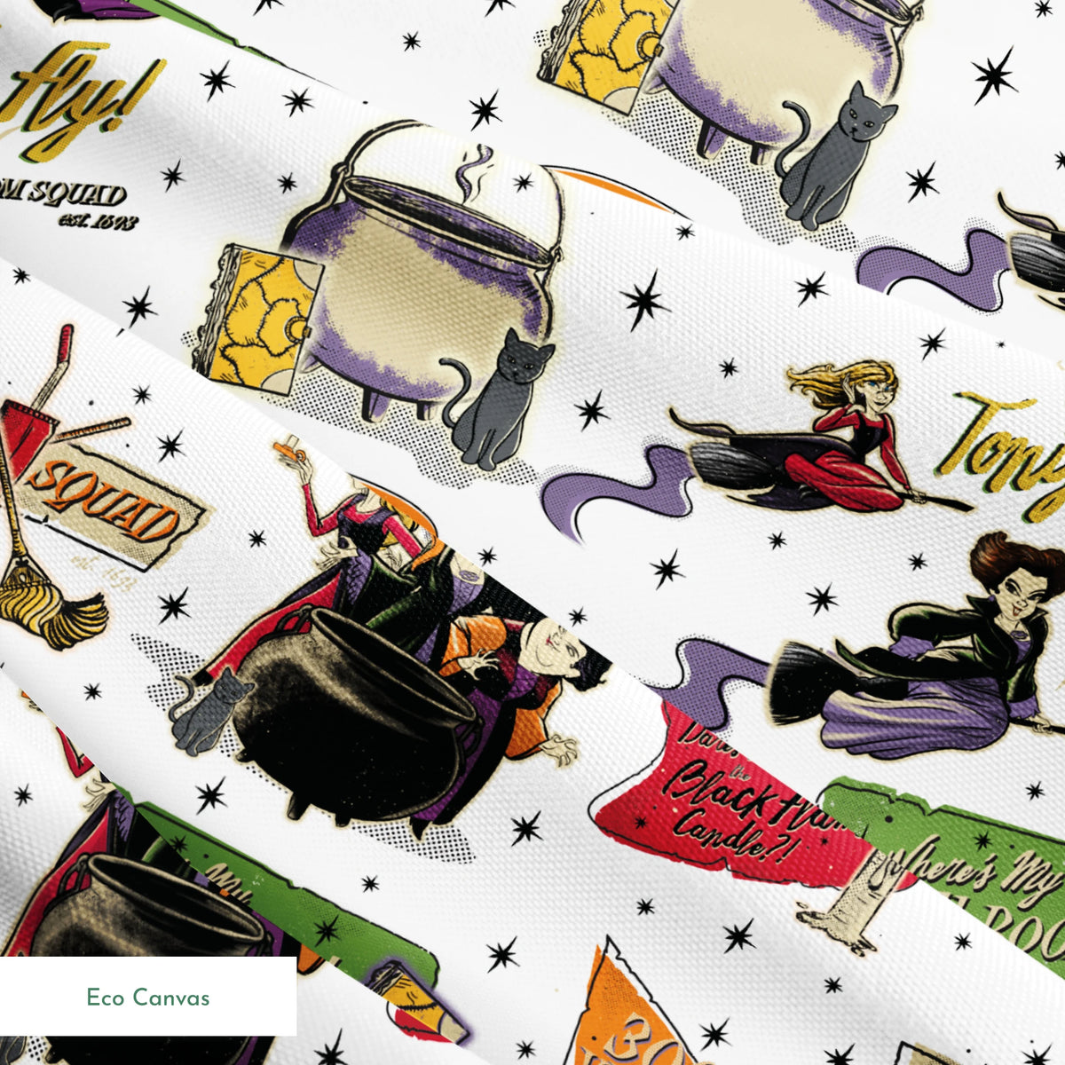 Halloween witch-themed pattern with spell books, cauldrons, brooms, stars, cats, potions and magical sayings on white background springs ecocanvas texture