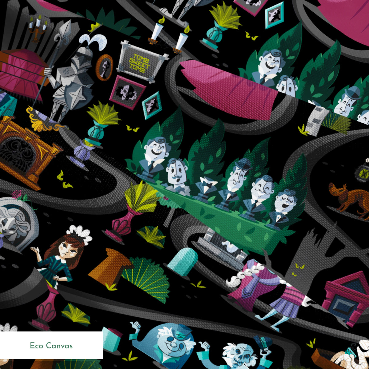 Dark background collage of colorful haunted house elements with ghosts, skeletons, potion bottles, and spooky characters in a whimsical pattern springs ecocanvas texture